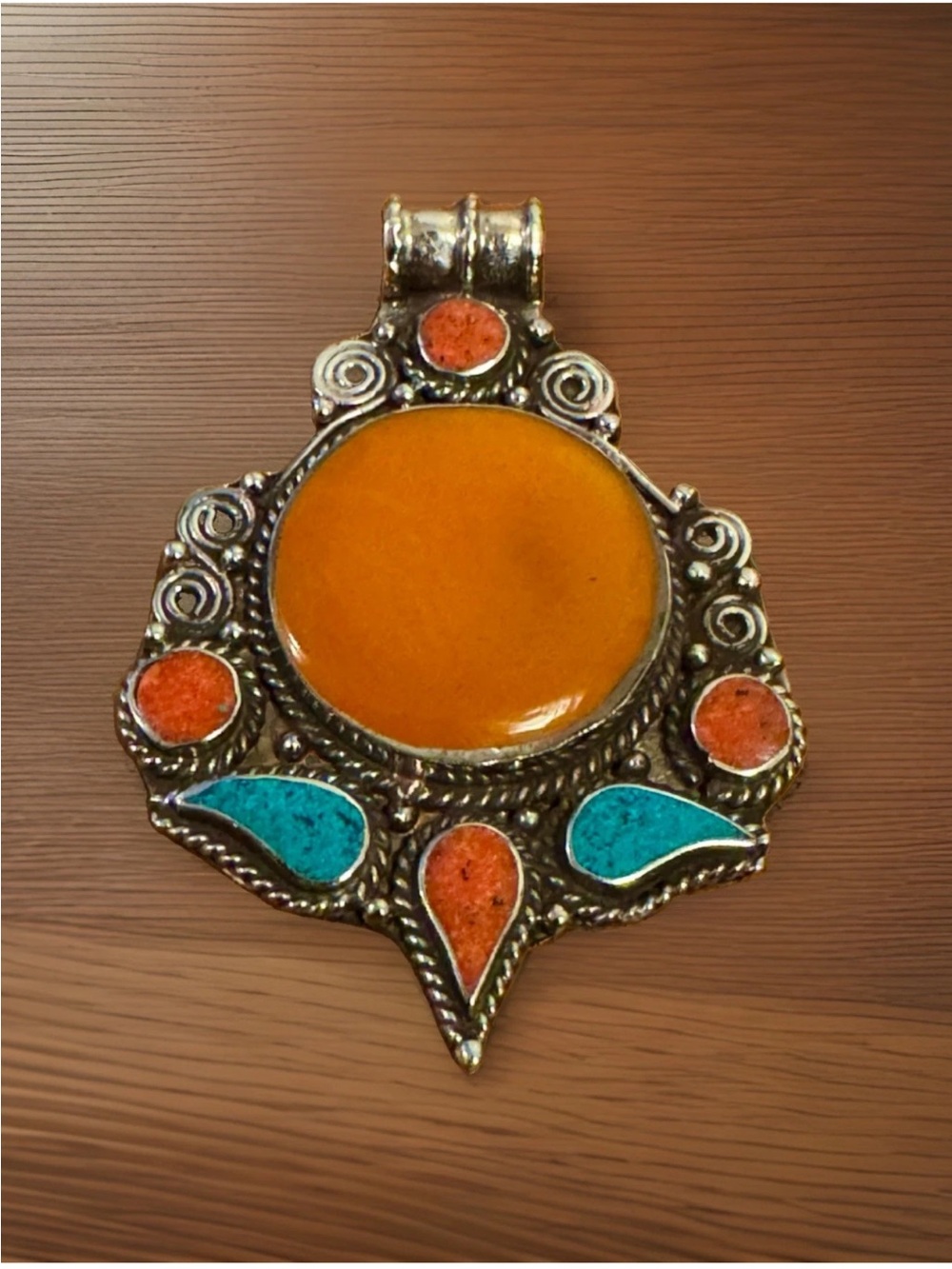 Handcrafted Ethnic Tibetan Amber Resin & Stones Pendant Set In Silver,3”in,30gr - Picture 4 of 8